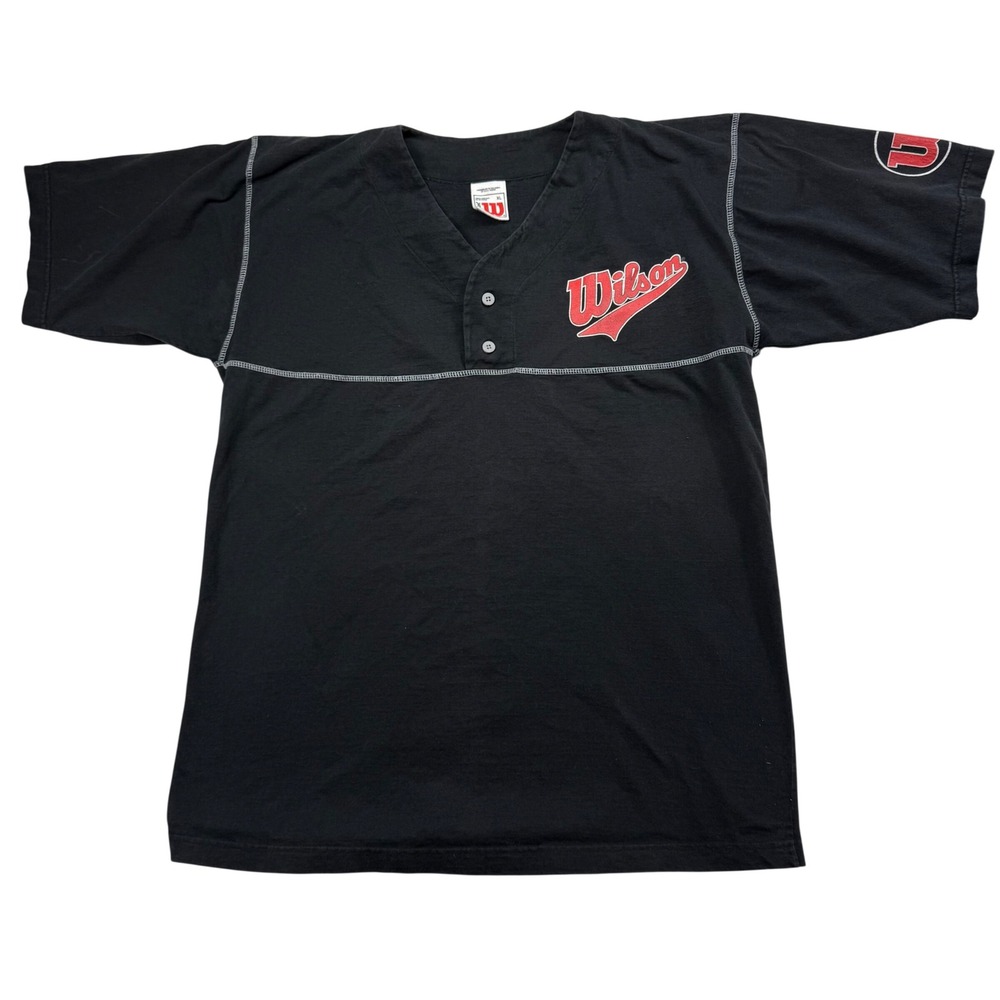 Wilson Mens Henley Baseball Jersey Shirt Black Red Logo Contrast Stitch XL